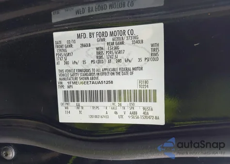 2010 Ford Explorer Eddie Bauer из США, поврежденный, VIN 1FMEU6EE7AUA51258